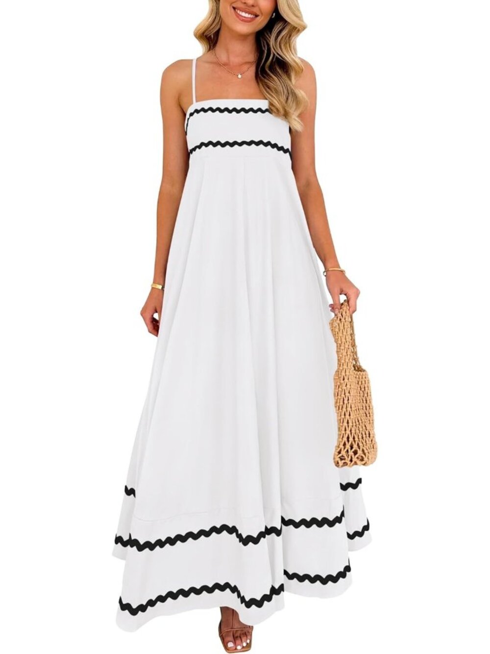 Women's White Flowy Maxi Summer Sleeveless Strap Ruffle Beach Long Dress
